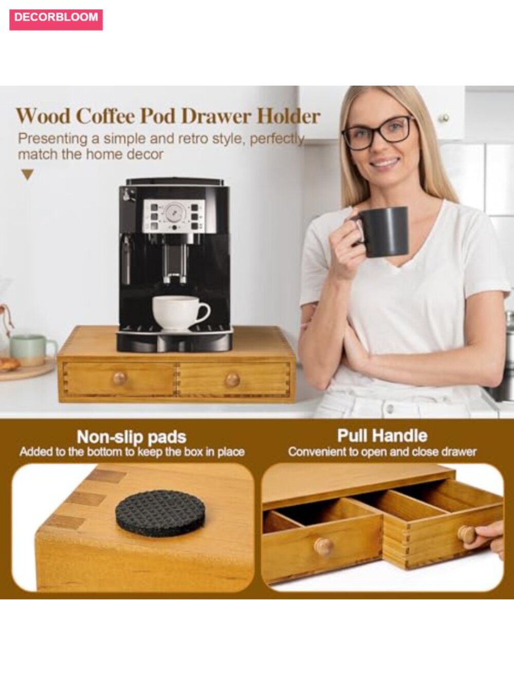 Wood K Cup and Tea Bag Storage Organizer, 2-Drawer Coffee Pod Holder - Picture 5 of 6